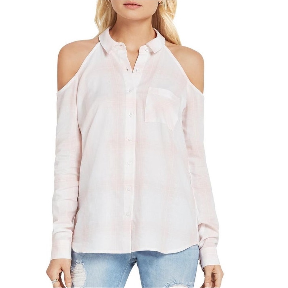 Bcbgeneration Plaid Cold Shoulder Pink Button Down